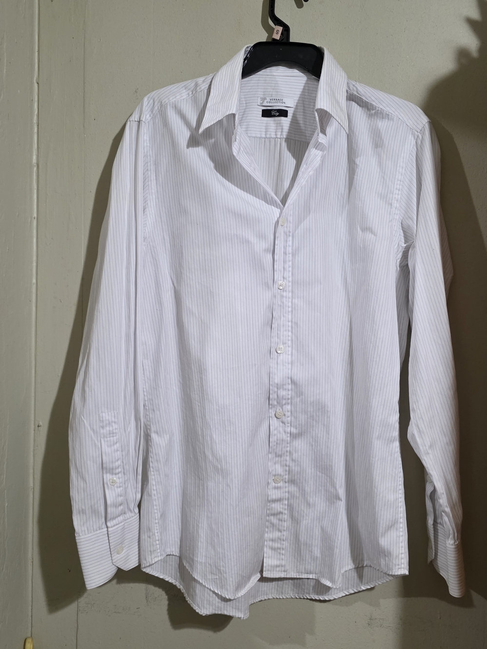 Men's White Pinstripe Button-Down Shirt - Classic 9 Used Size 15 1/2 Versage C